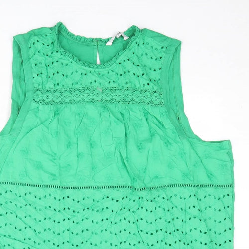 NEXT Womens Green Cotton Basic Blouse Size 20 Round Neck - Broderie Anglaise Details