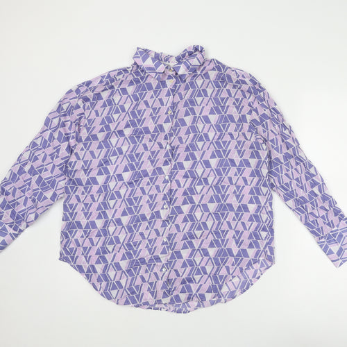 Mango Womens Purple Geometric Cotton Basic Button-Up Size S Collared