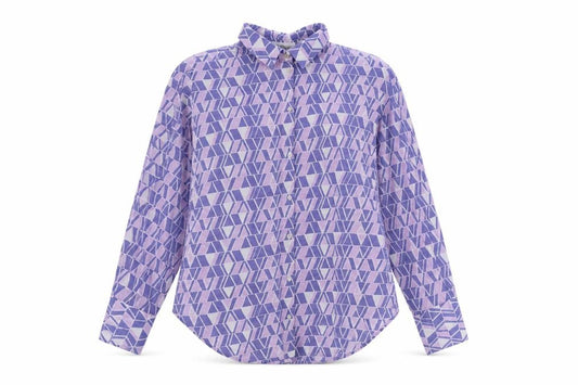 Front view of Mango women’s purple geometric cotton basic button-up, size S, collared