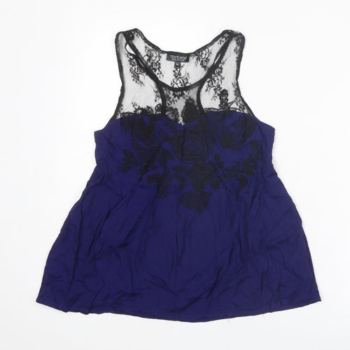 Topshop Womens Blue Viscose Basic Tank Size 8 Boat Neck - Lace Detail
