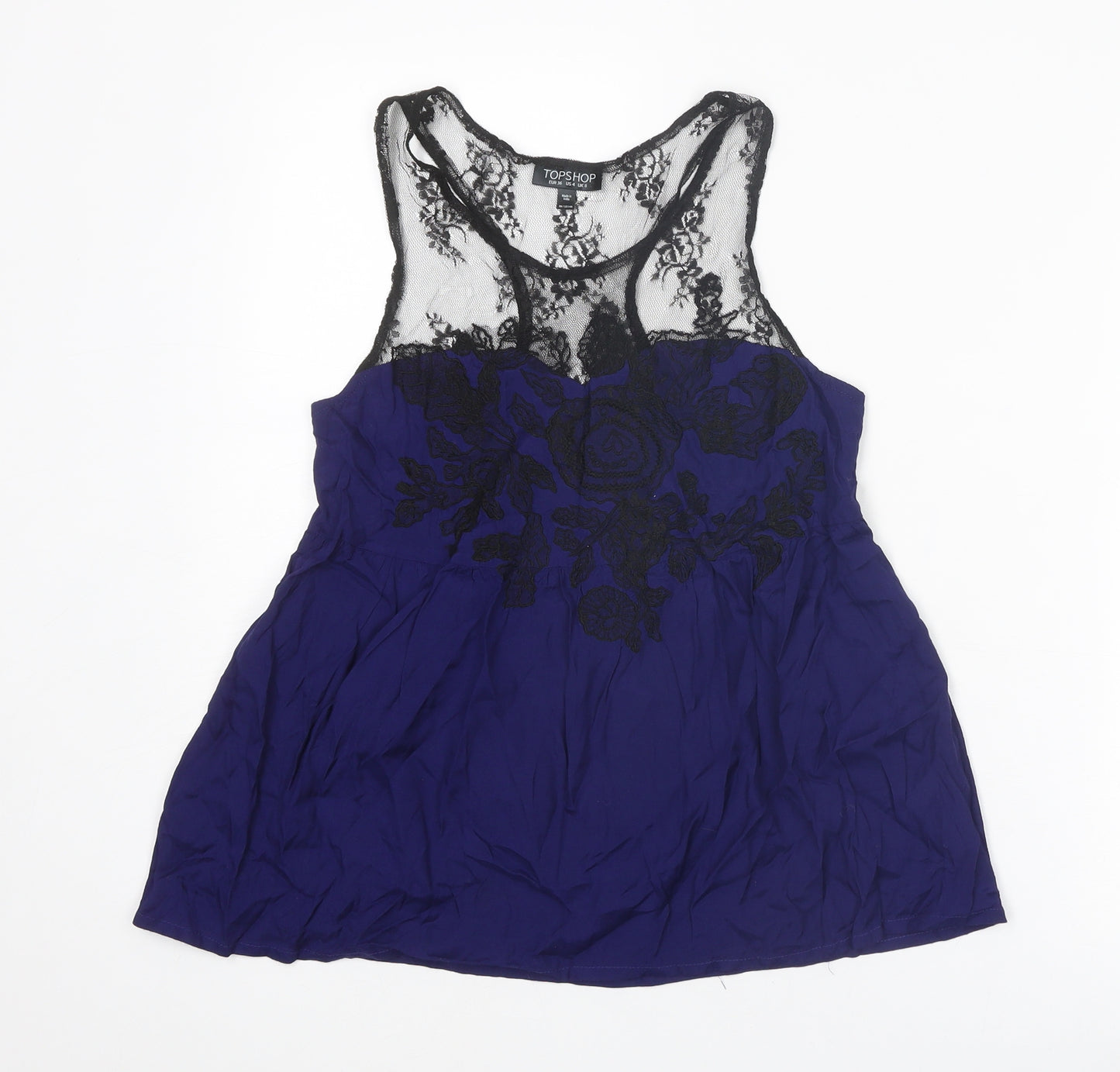 Topshop Womens Blue Viscose Basic Tank Size 8 Boat Neck - Lace Detail