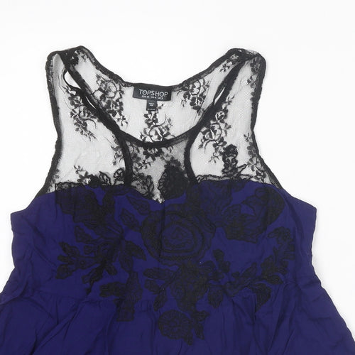 Topshop Womens Blue Viscose Basic Tank Size 8 Boat Neck - Lace Detail