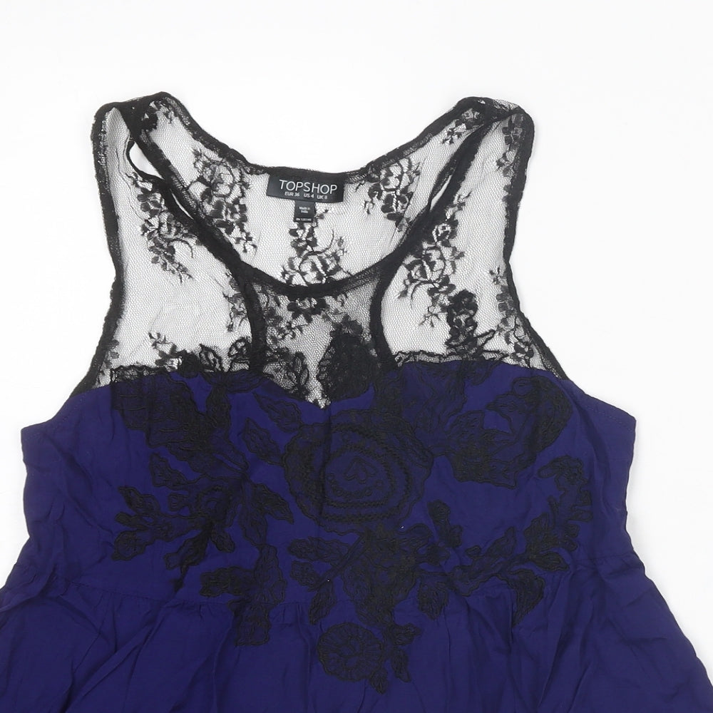 Topshop Womens Blue Viscose Basic Tank Size 8 Boat Neck - Lace Detail
