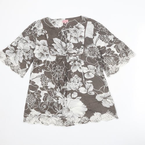 Phase Eight Womens Grey Floral Cotton Basic Blouse Size 10 Boat Neck