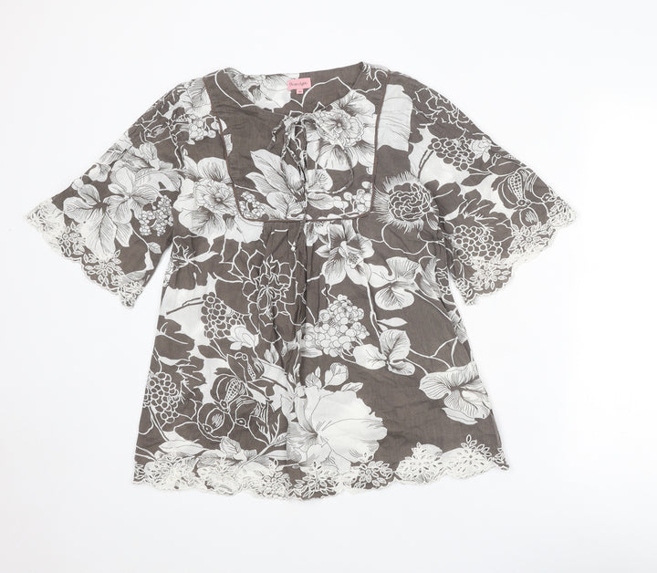 Phase Eight Womens Grey Floral Cotton Basic Blouse Size 10 Boat Neck