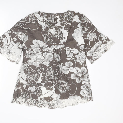 Phase Eight Womens Grey Floral Cotton Basic Blouse Size 10 Boat Neck