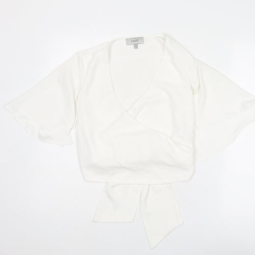 Coast Womens White Polyester Basic Blouse Size 8 V-Neck - Tie Back
