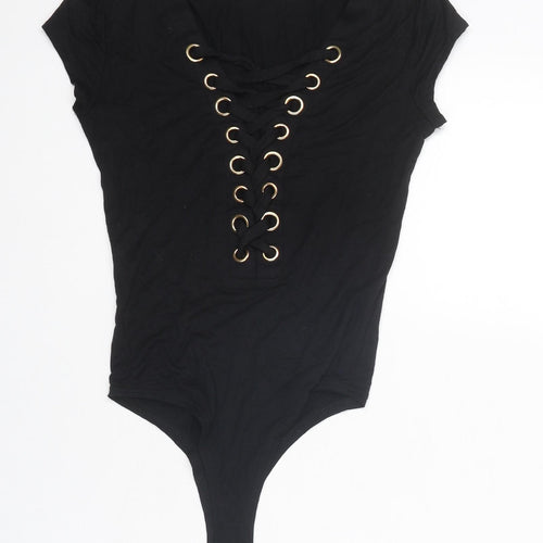 Hot & Delicious Womens Black Viscose Bodysuit One-Piece Size S Drawstring