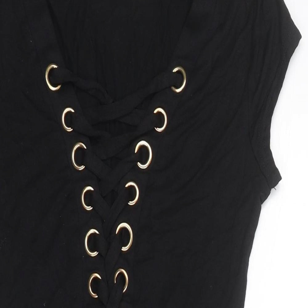 Hot & Delicious Womens Black Viscose Bodysuit One-Piece Size S Drawstring