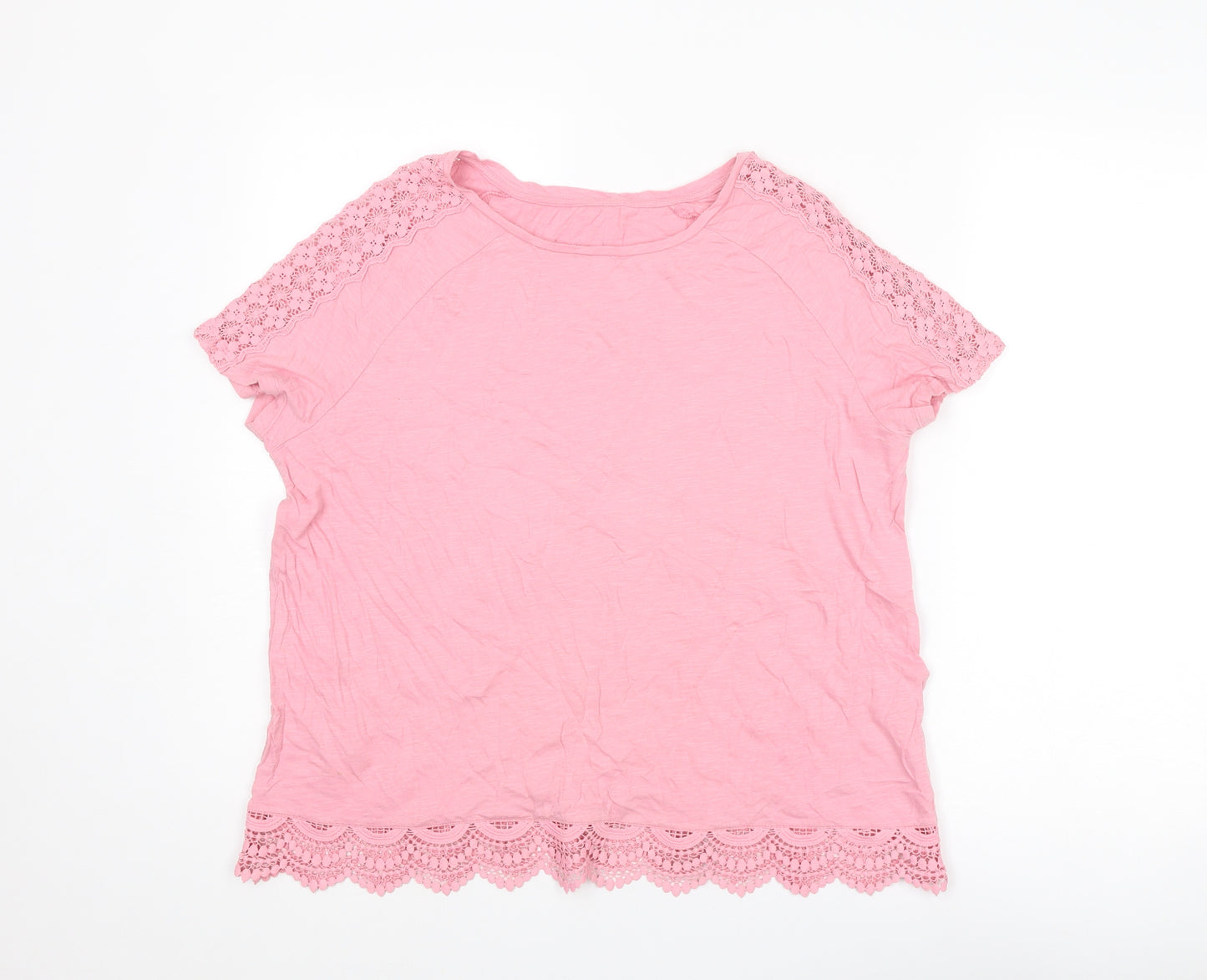 Marks and Spencer Womens Pink Cotton Basic T-Shirt Size 14 Round Neck - Lace Detail