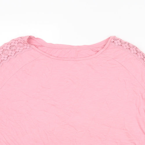 Marks and Spencer Womens Pink Cotton Basic T-Shirt Size 14 Round Neck - Lace Detail