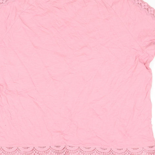 Marks and Spencer Womens Pink Cotton Basic T-Shirt Size 14 Round Neck - Lace Detail