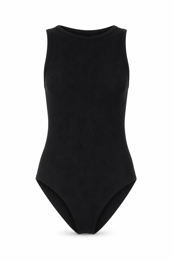 Front view of Nasty Gal women’s black polyester bodysuit one-piece, size UK 6, snap