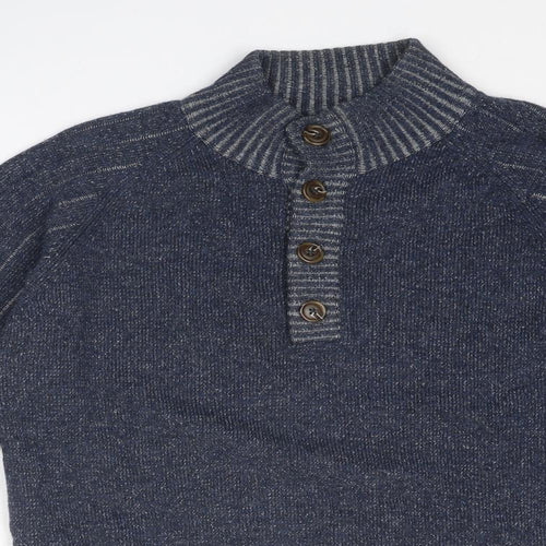 Wolsey Mens Blue High Neck Wool Henley Jumper Size S Long Sleeve