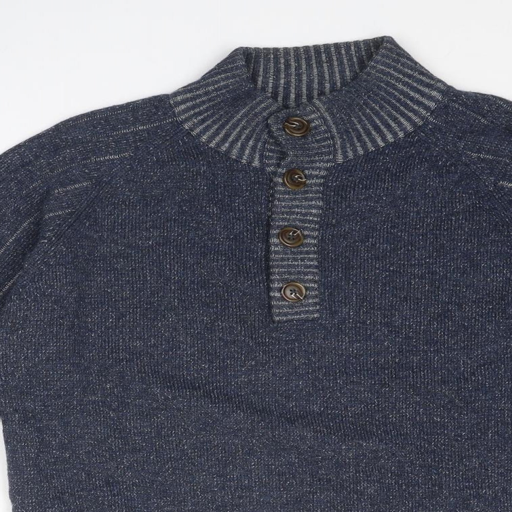 Wolsey Mens Blue High Neck Wool Henley Jumper Size S Long Sleeve