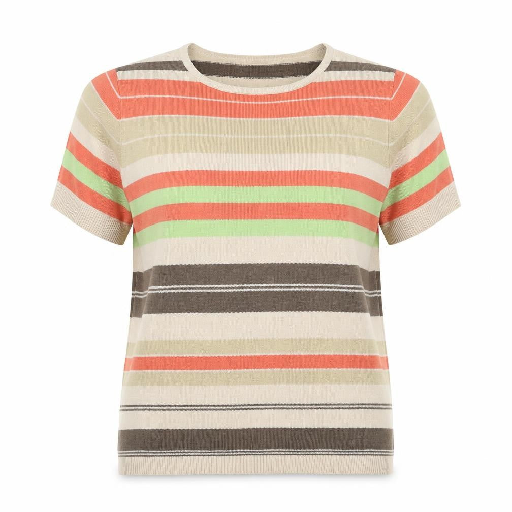 Front view of Berkertex women’s multicoloured round neck striped acrylic jumper, size UK 16