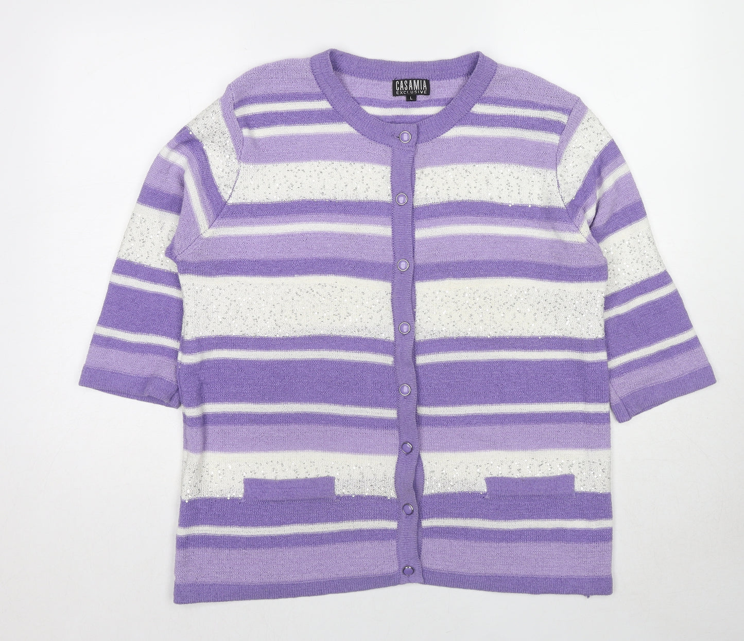 Casamia Womens Purple Round Neck Striped Acrylic Cardigan Jumper Size L