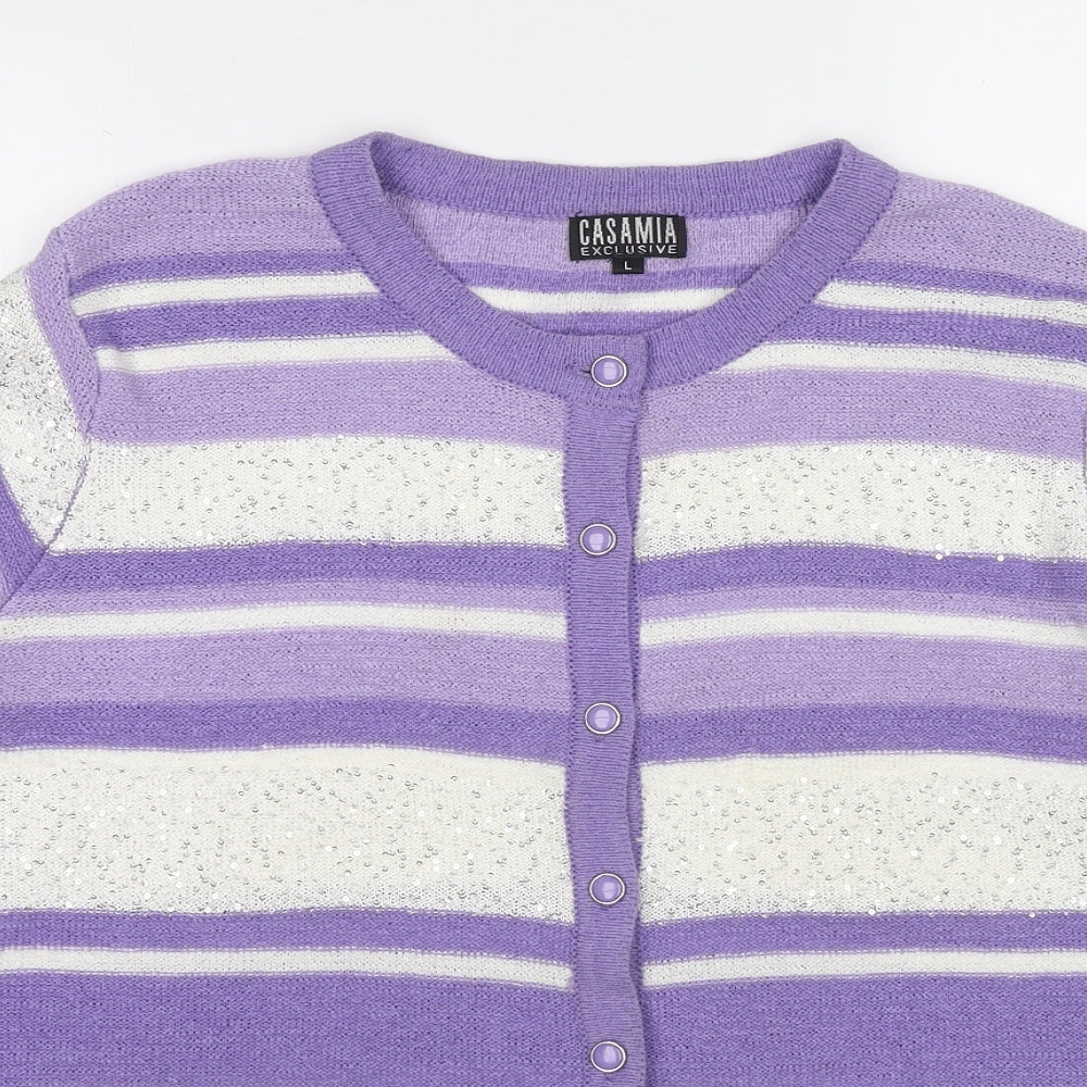 Casamia Womens Purple Round Neck Striped Acrylic Cardigan Jumper Size L