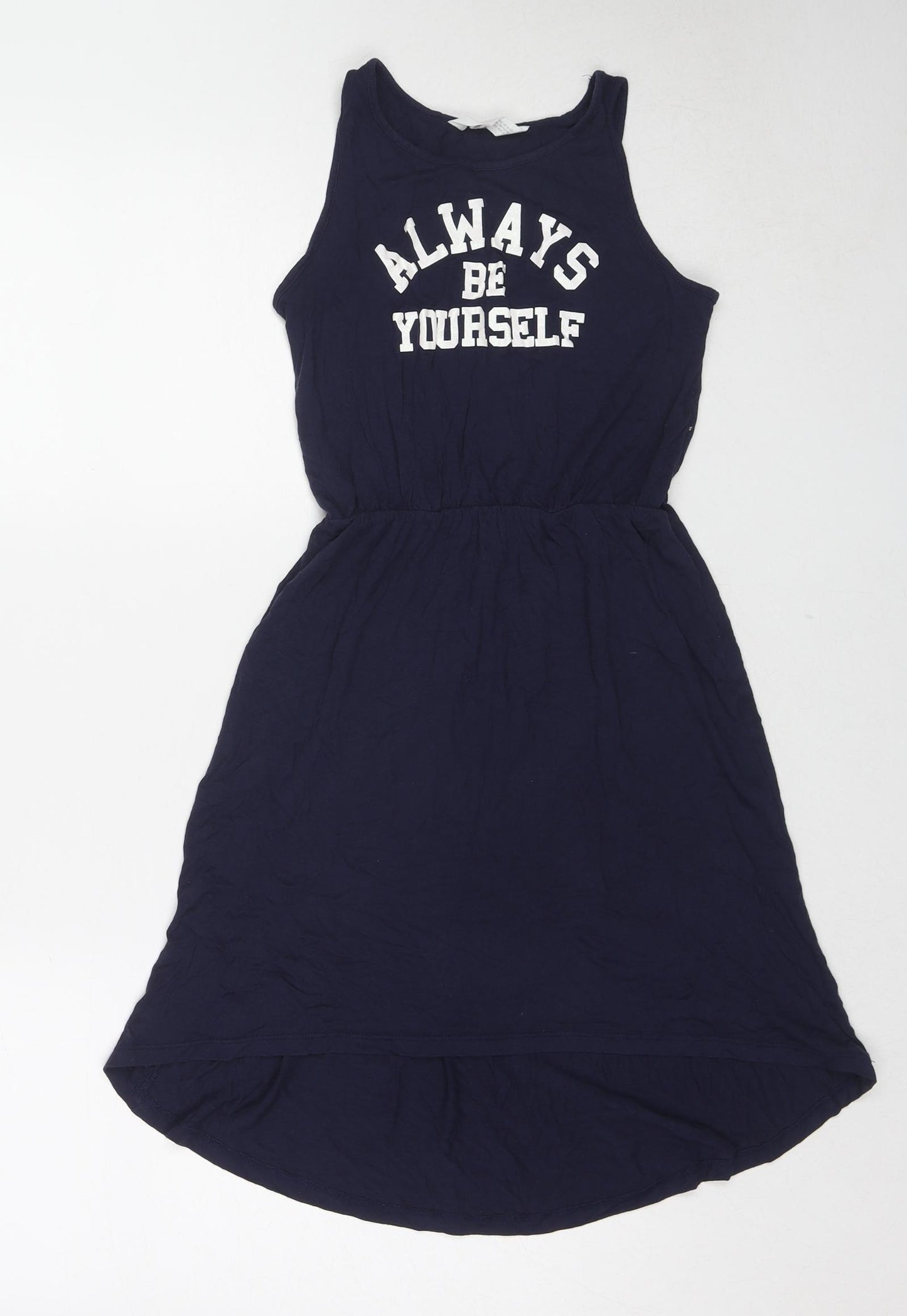 Marks and Spencer Girls Blue Viscose Tank Dress Size 11-12 Years Boat Neck Pullover - Slogan