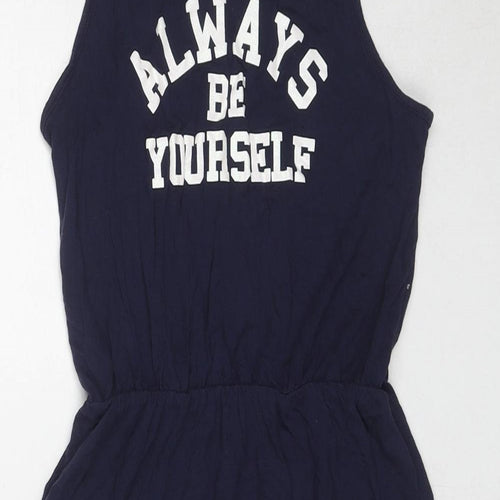 Marks and Spencer Girls Blue Viscose Tank Dress Size 11-12 Years Boat Neck Pullover - Slogan