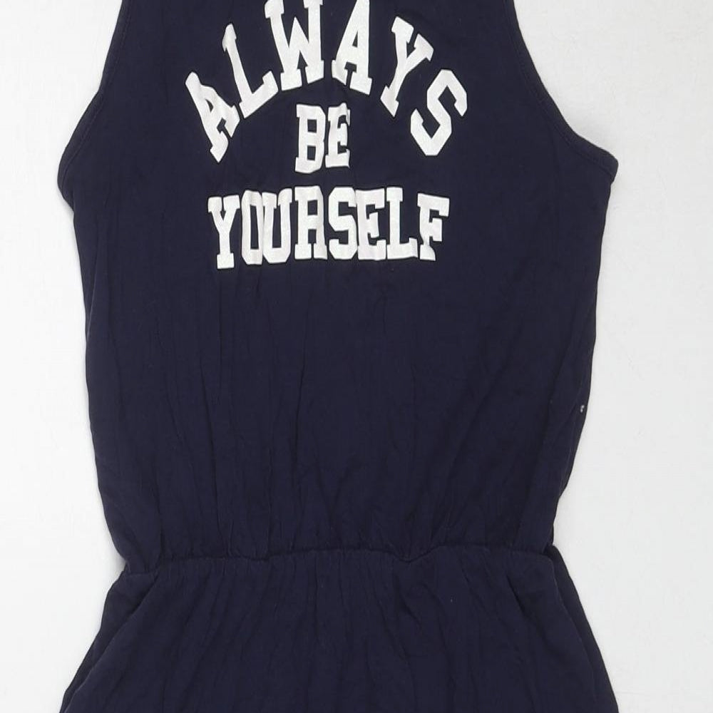 Marks and Spencer Girls Blue Viscose Tank Dress Size 11-12 Years Boat Neck Pullover - Slogan