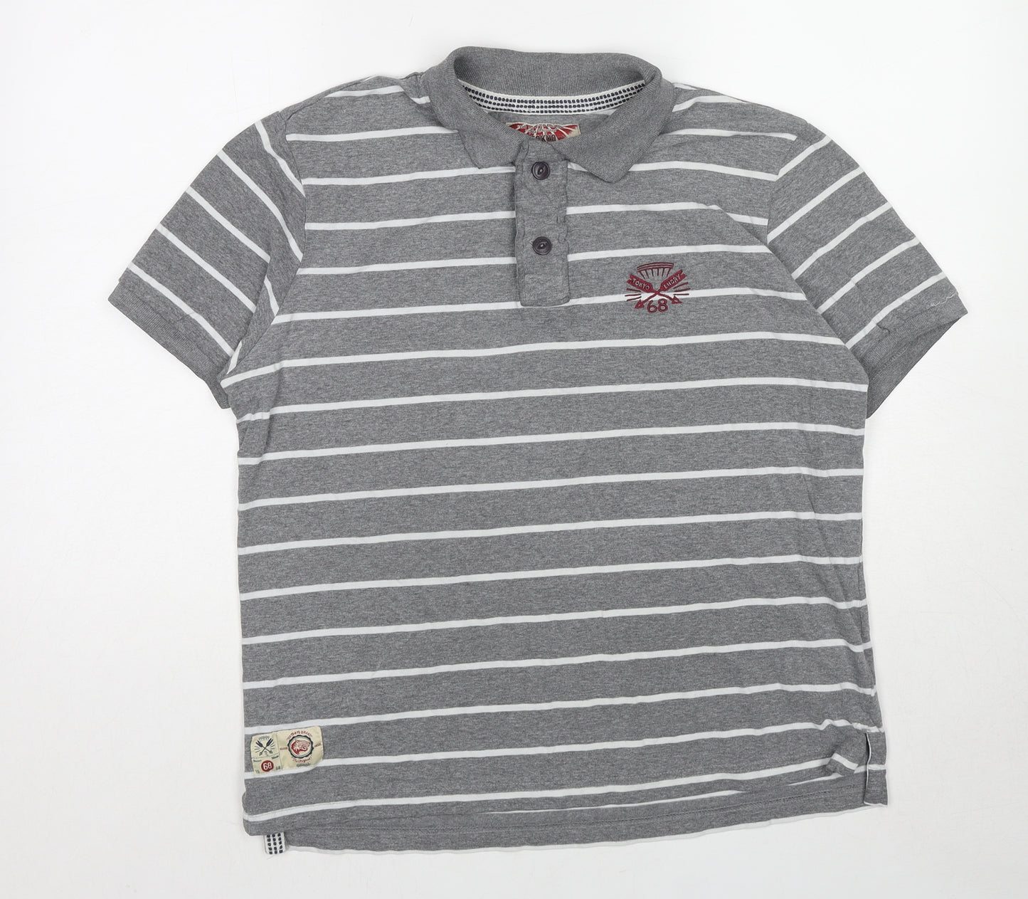 Tokyo Laundry Mens Grey Striped Cotton Polo Size L Collared Pullover