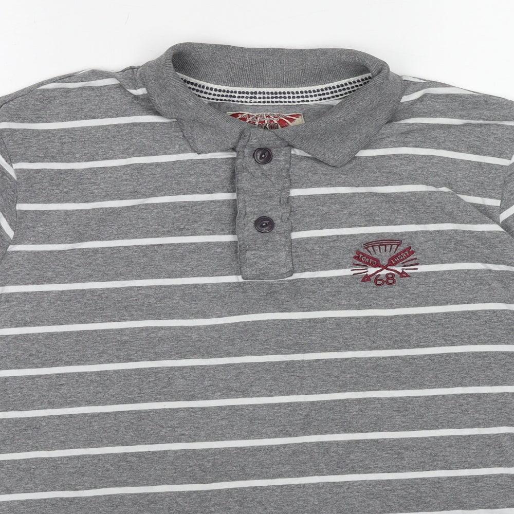 Tokyo Laundry Mens Grey Striped Cotton Polo Size L Collared Pullover
