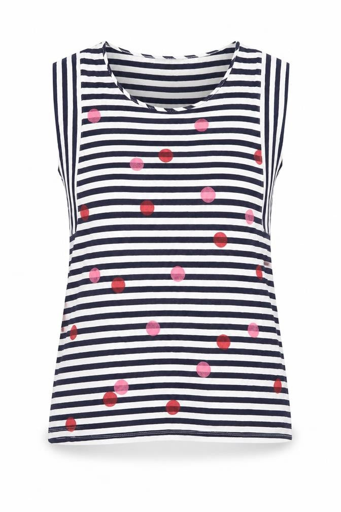Front view of Maria Bellentani women’s blue geometric viscose basic tank, size UK 14, round neck