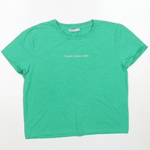 Zara Womens Green Cotton Basic T-Shirt Size L Round Neck - I'm Not a Luxury T-Shirt