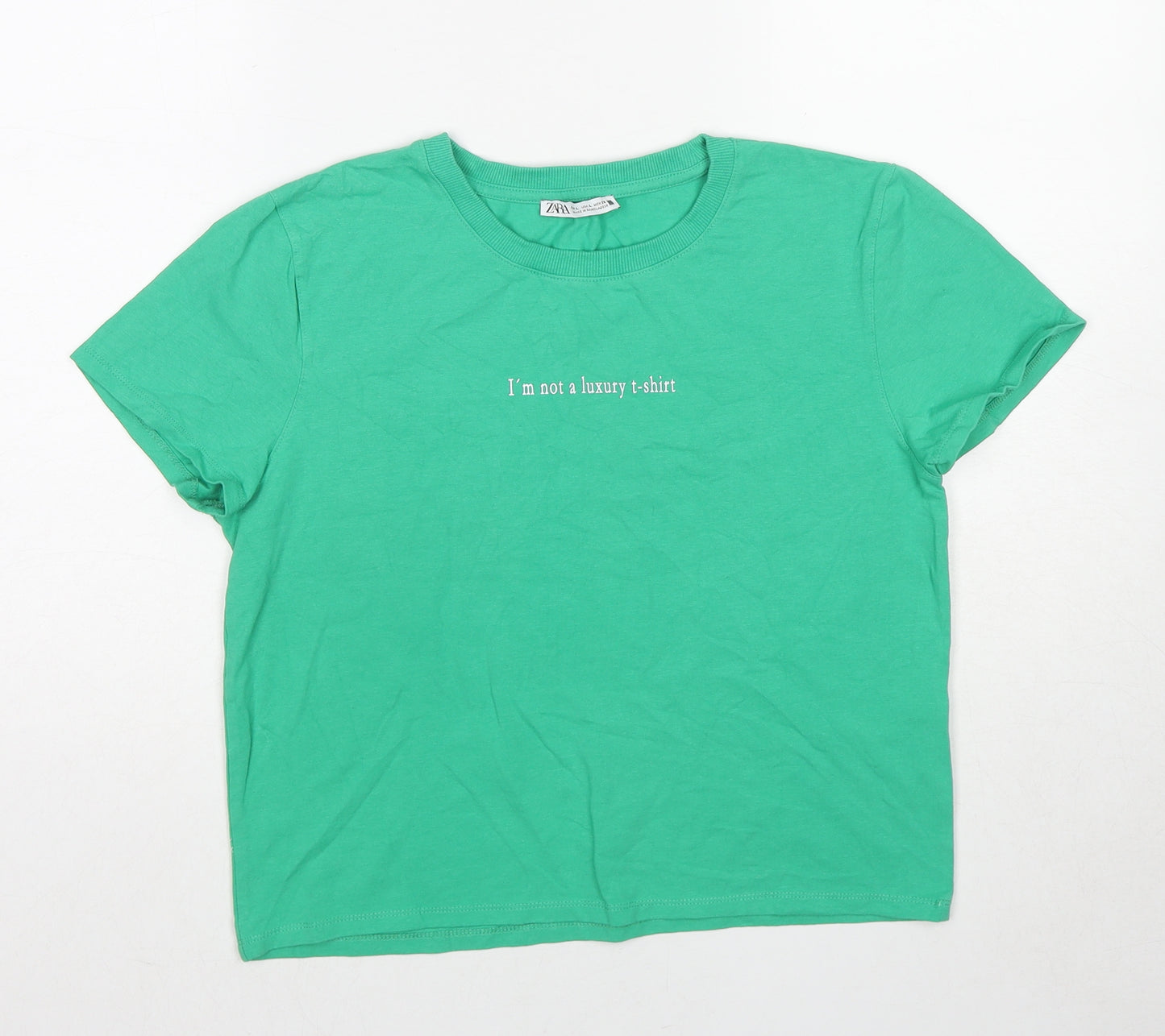 Zara Womens Green Cotton Basic T-Shirt Size L Round Neck - I'm Not a Luxury T-Shirt