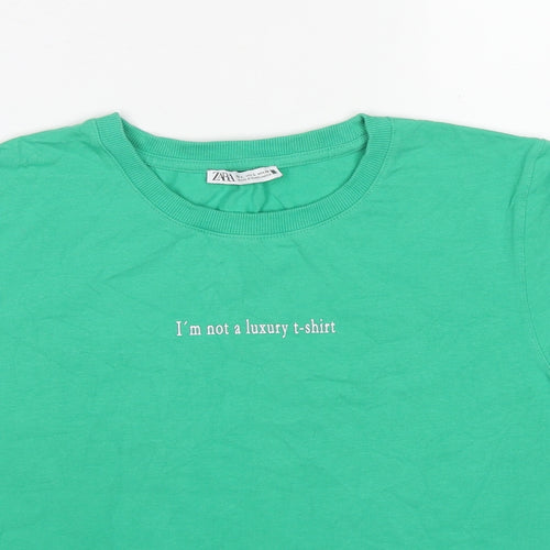Zara Womens Green Cotton Basic T-Shirt Size L Round Neck - I'm Not a Luxury T-Shirt