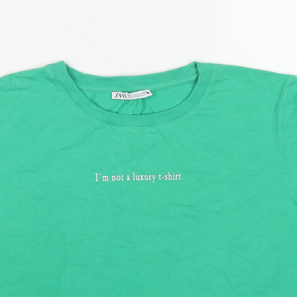 Zara Womens Green Cotton Basic T-Shirt Size L Round Neck - I'm Not a Luxury T-Shirt