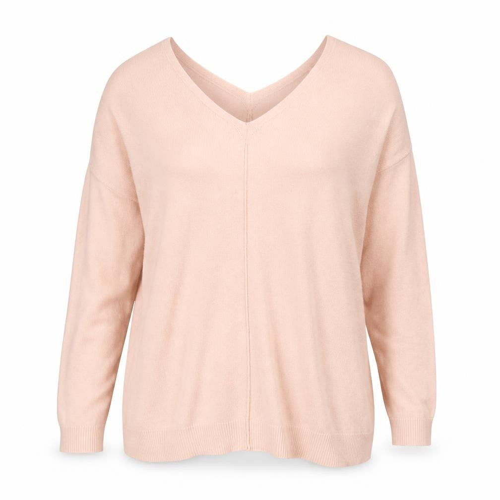 Front view of Encuentro women’s beige v-neck cotton jumper, size M