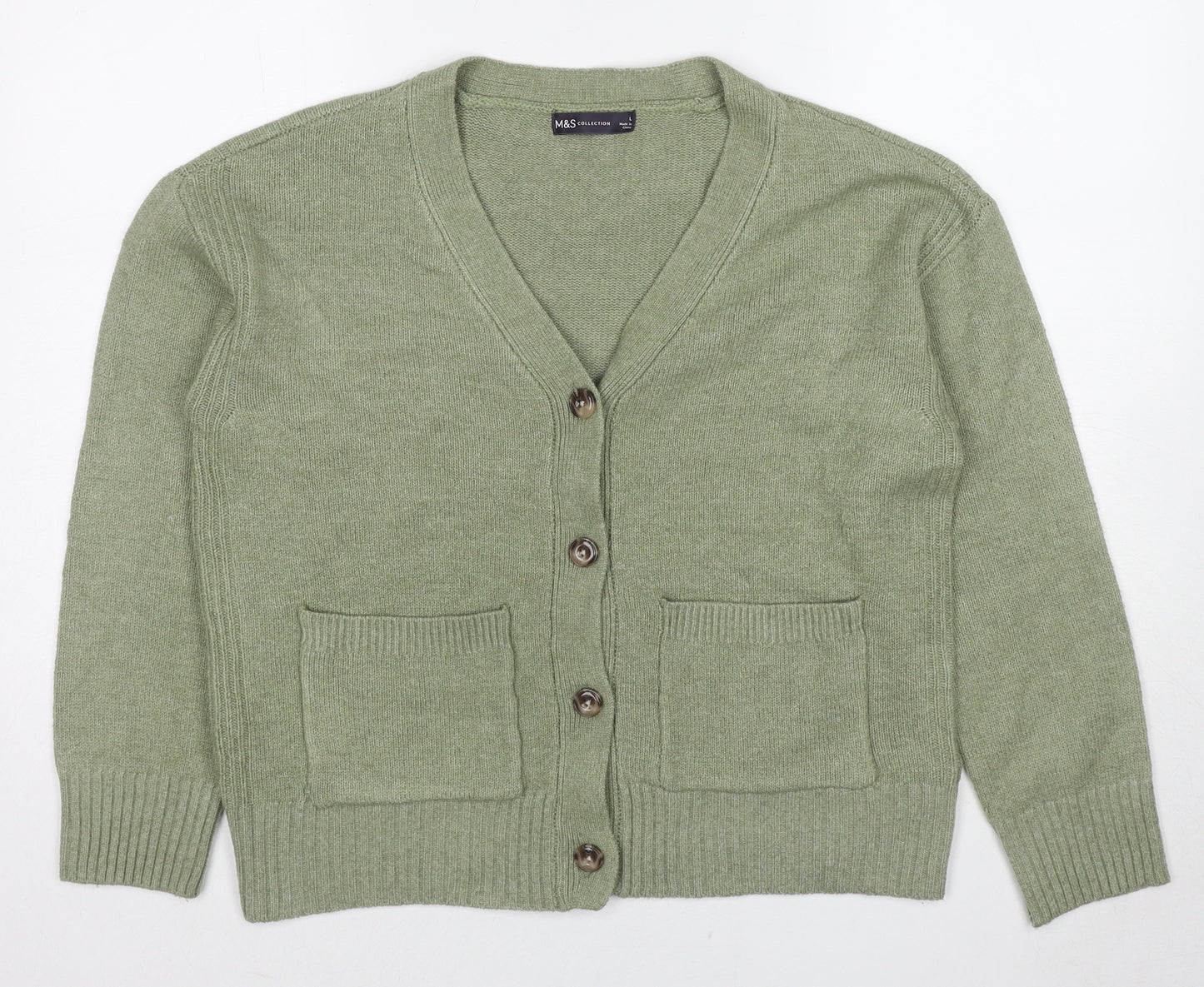 Marks and Spencer Womens Green V-Neck Polyester Cardigan Jumper Size L
