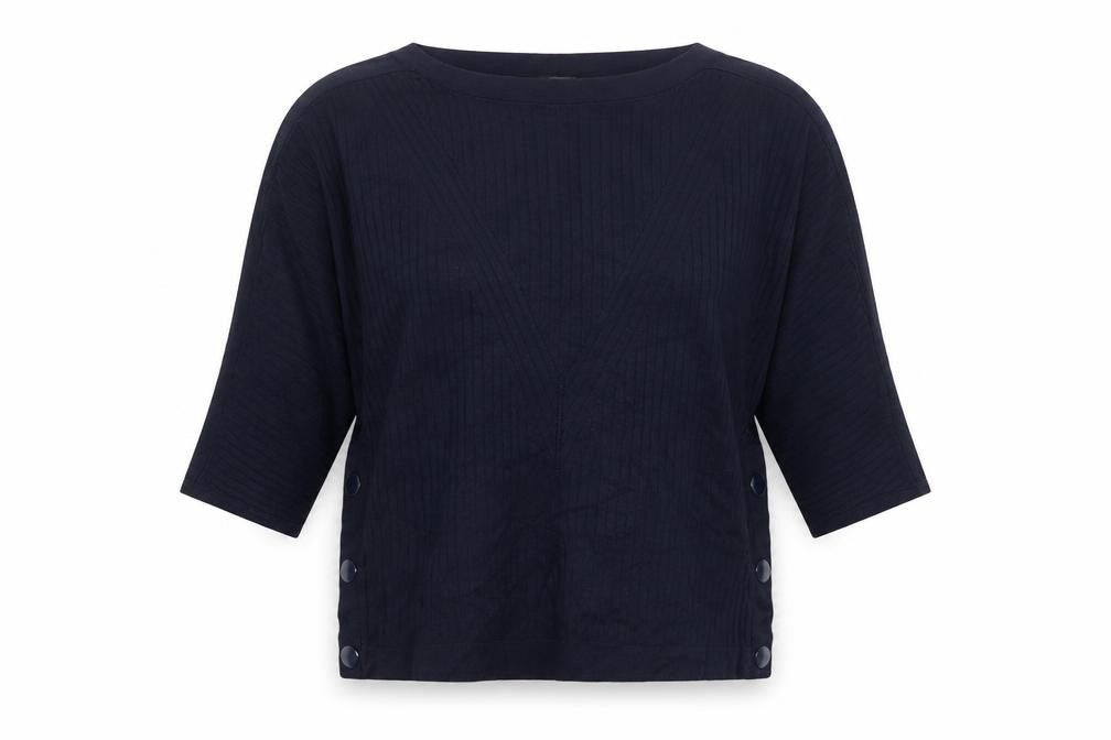 Front view of Marks & Spencer women’s blue round neck viscose jumper, size M
