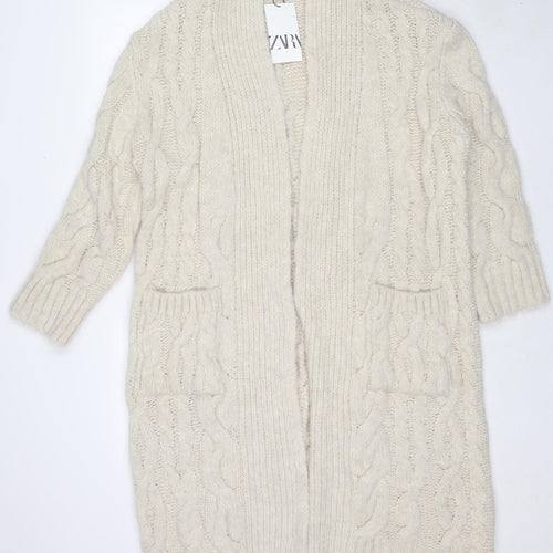 Zara Womens Beige V-Neck Acrylic Cardigan Jumper Size M