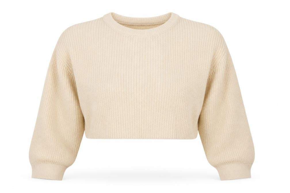 Front view of Missguided women’s beige round neck acrylic jumper, size S, -, size S-m cropped