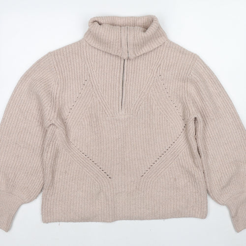 Marks and Spencer Womens Beige High Neck Cotton Pullover Jumper Size M