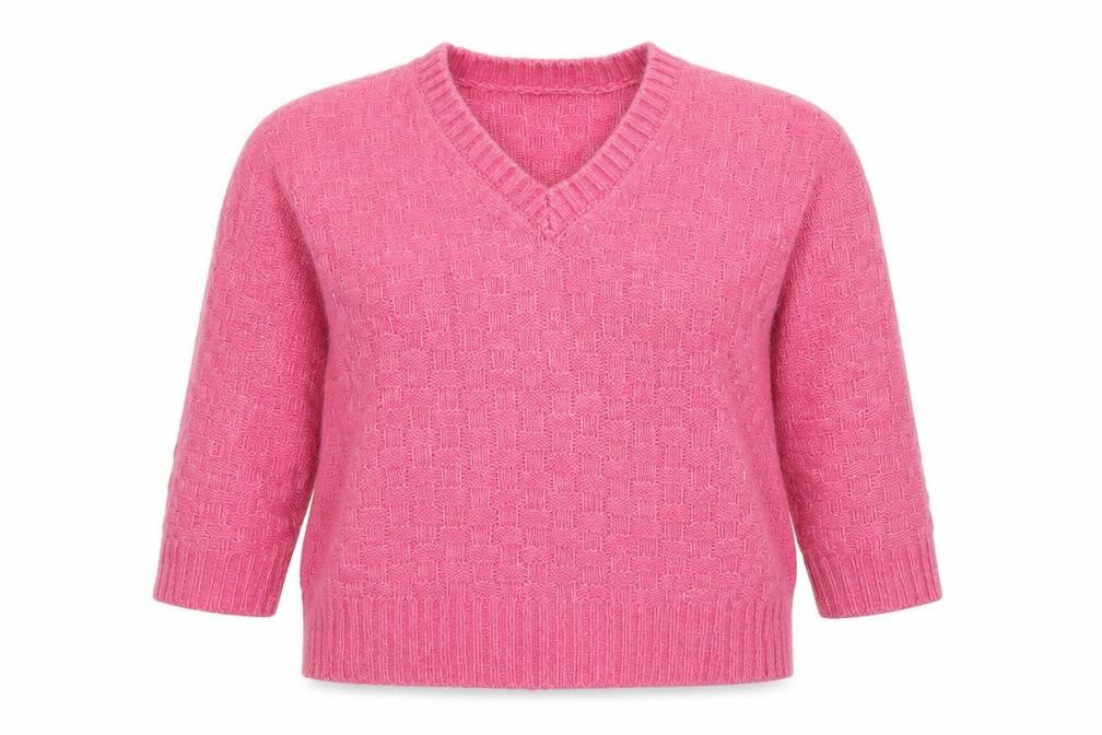 Front view of Marks & Spencer women’s pink v-neck acrylic jumper, size L