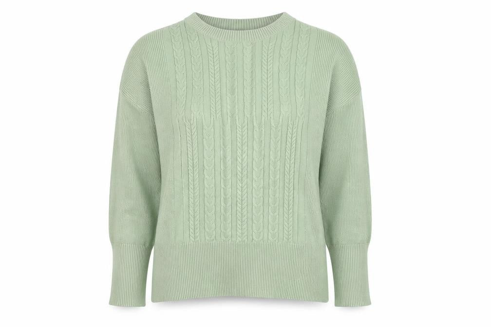Front view of Marks & Spencer women’s green round neck viscose jumper, size M