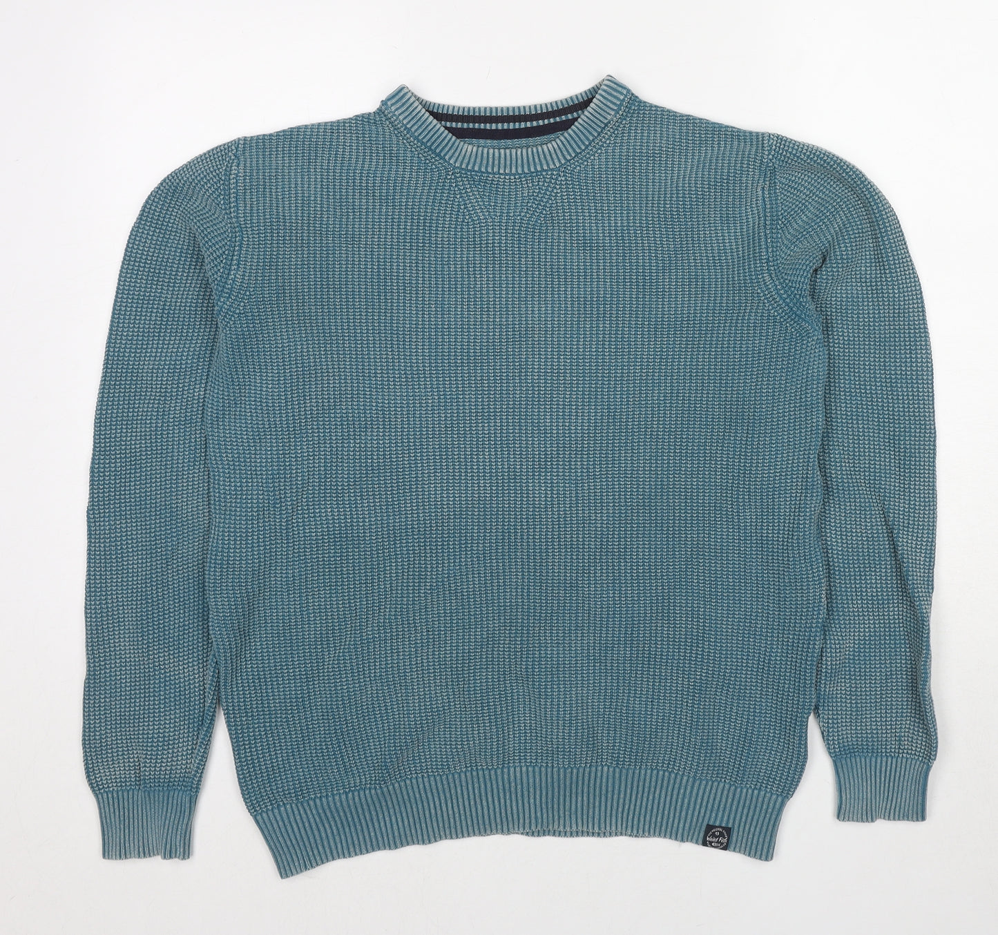 Weird Fish Mens Blue Round Neck Cotton Pullover Jumper Size L Long Sleeve