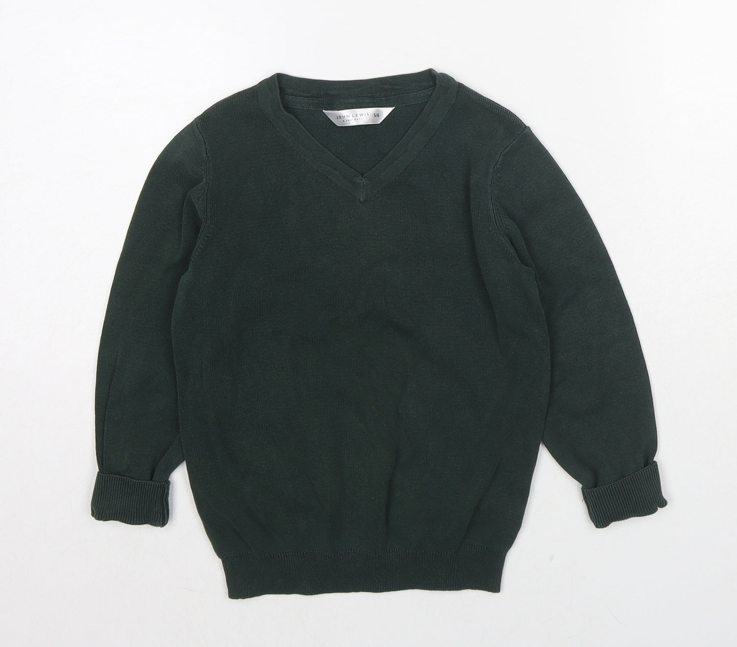 John Lewis Boys Green V-Neck Cotton Pullover Jumper Size 5-6 Years Pullover