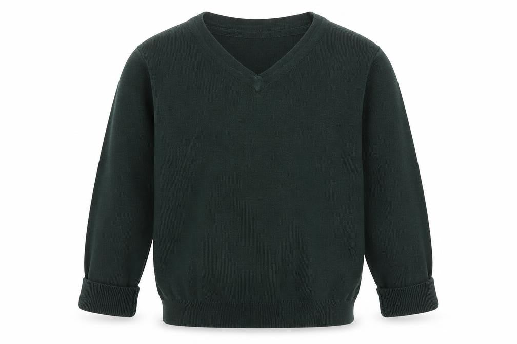 Front view of John Lewis boys’ green v-neck cotton jumper, size 5-6, years pullover