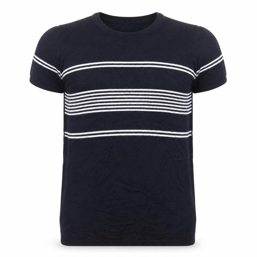 Front view of River Island girls’ black round neck striped acrylic jumper, size 11-12, years pullover