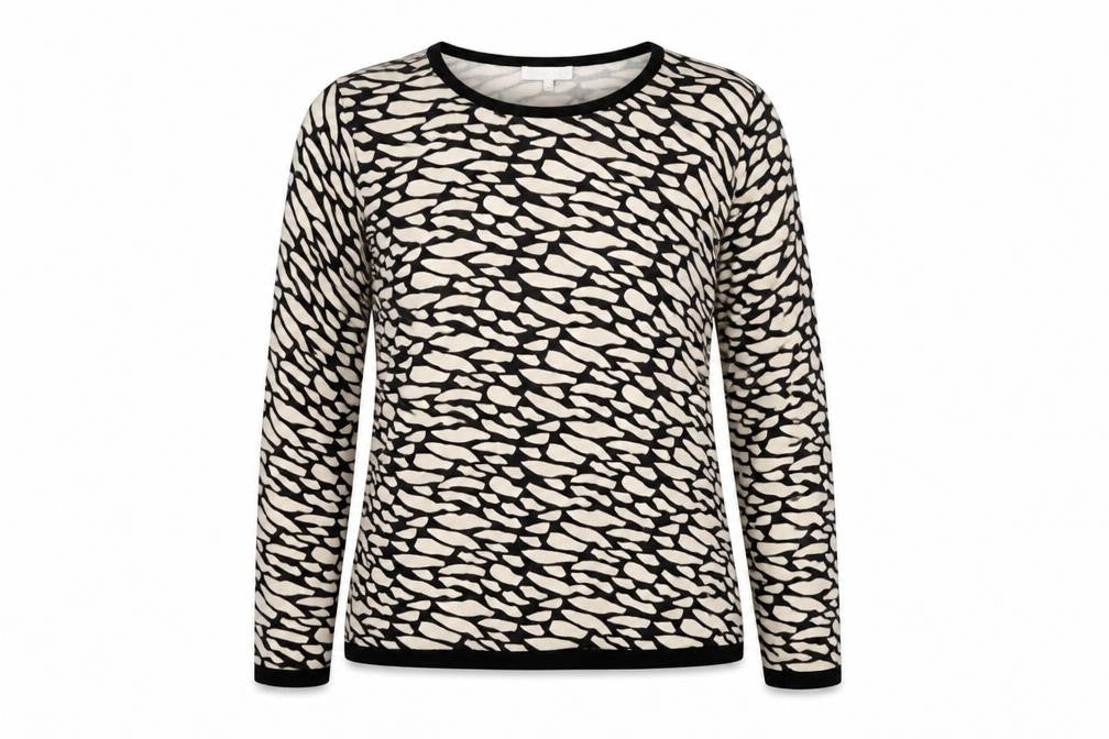 Front view of Lakeland women’s beige round neck geometric viscose jumper, size UK 12
