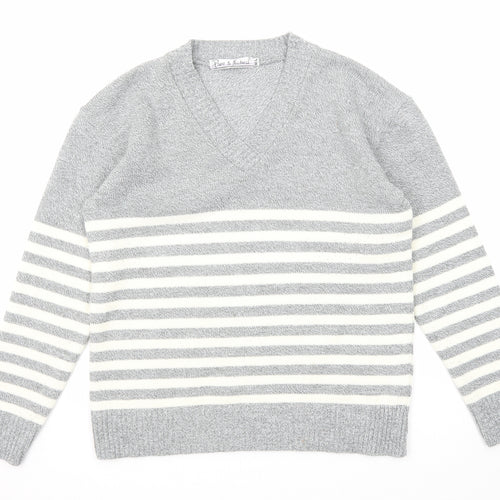 Pure & Natural Womens Grey V-Neck Striped Acrylic Pullover Jumper Size M - Size M-L