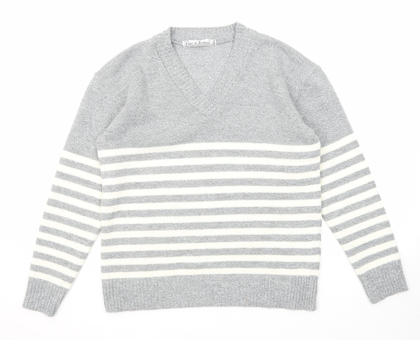 Pure & Natural Womens Grey V-Neck Striped Acrylic Pullover Jumper Size M - Size M-L