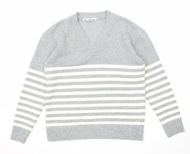 Pure & Natural Womens Grey V-Neck Striped Acrylic Pullover Jumper Size M - Size M-L