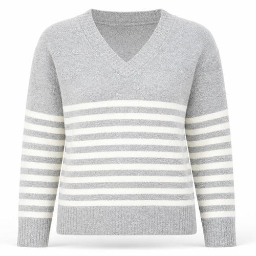 Pure & Natural Womens Grey V-Neck Striped Acrylic Pullover Jumper Size M - Size M-L