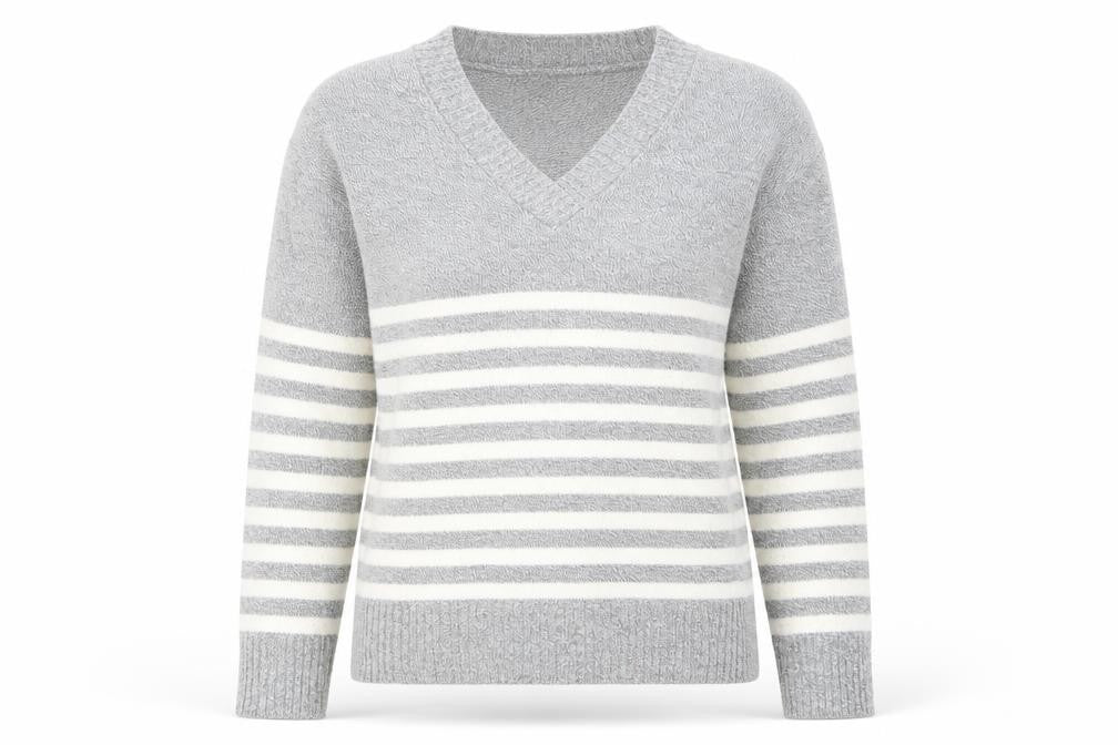 Pure & Natural Womens Grey V-Neck Striped Acrylic Pullover Jumper Size M - Size M-L